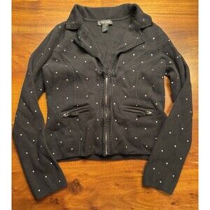 White House Black Market Full Zip Knit Sweater Jacket Womens Black Rhinestone M